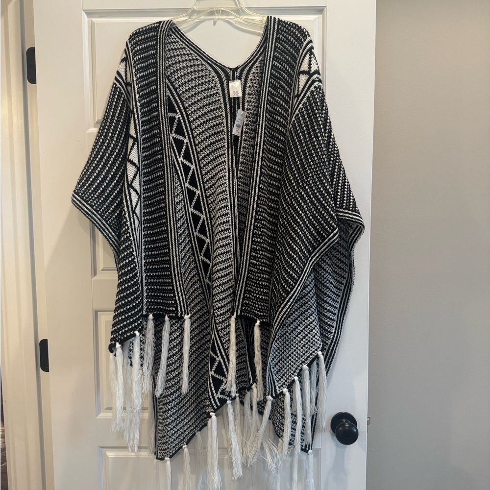 Francesca's Collections Black and White Striped Poncho with Fringe